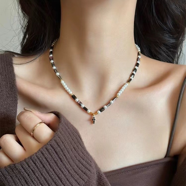 Black zircon cross pendant artificial pearl necklace for women 2024 spring high-grade light luxury long sweater chain