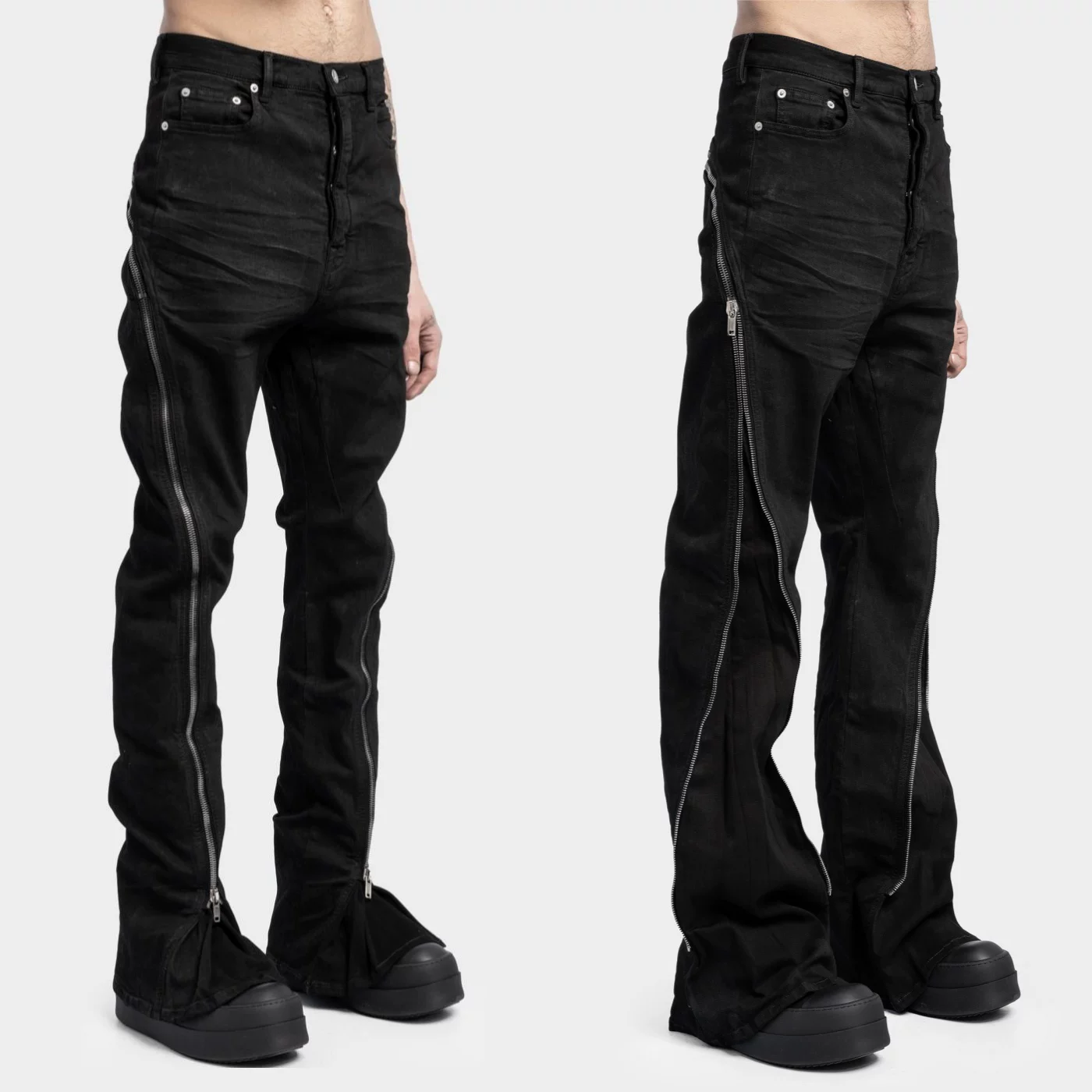 Dawnhin Ro Washed Vintage Coated Wax Finish Zipper Banana Denim Flared Stacked Mop pants Men's