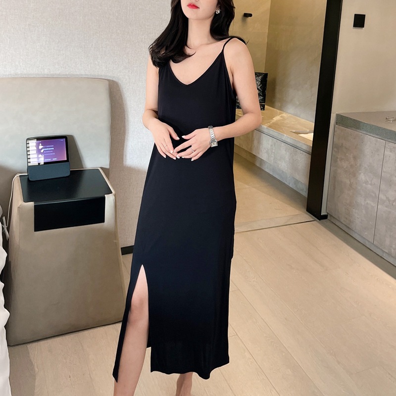 Spring and Summer V-neck suspender dress new solid color split dress women's Korean-style thin casual home nightdress