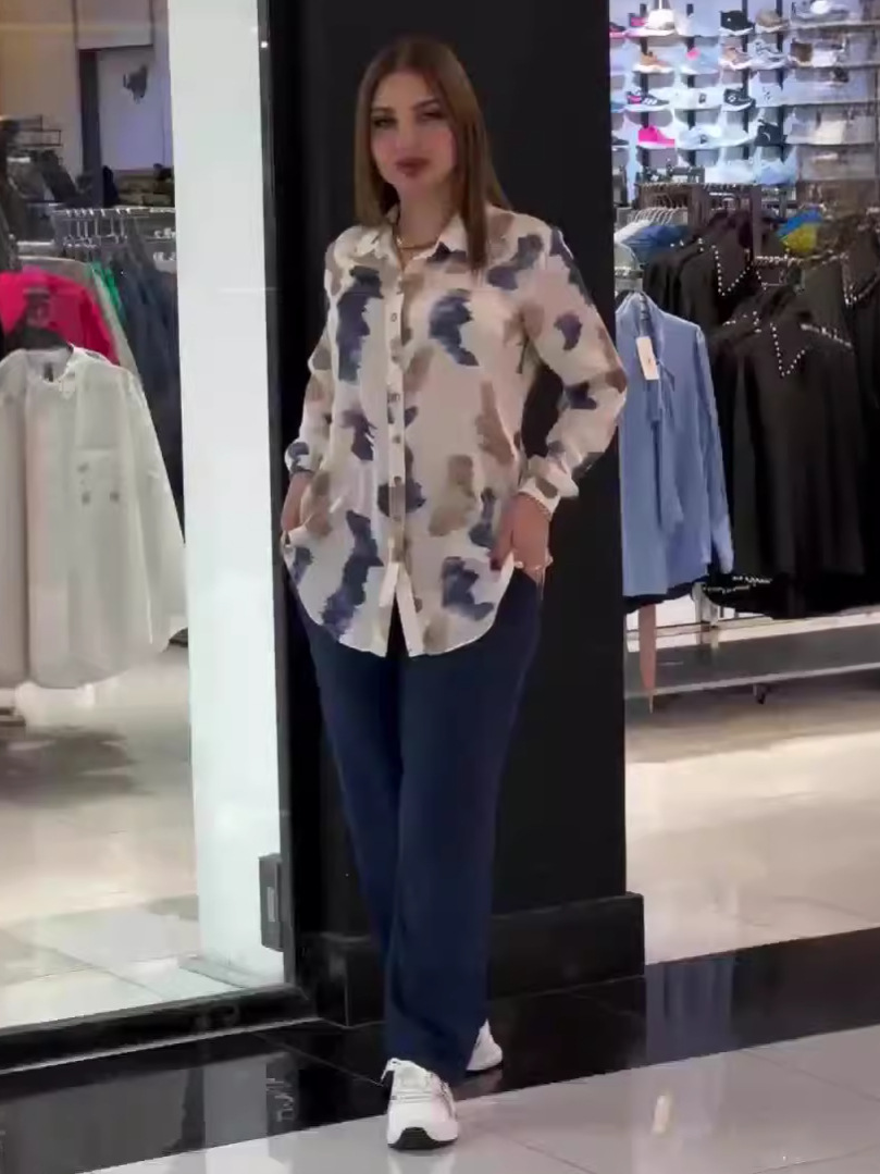 Amazon 2024 European and American summer new fashion printed long sleeve shirt solid color trousers two-piece women's clothing