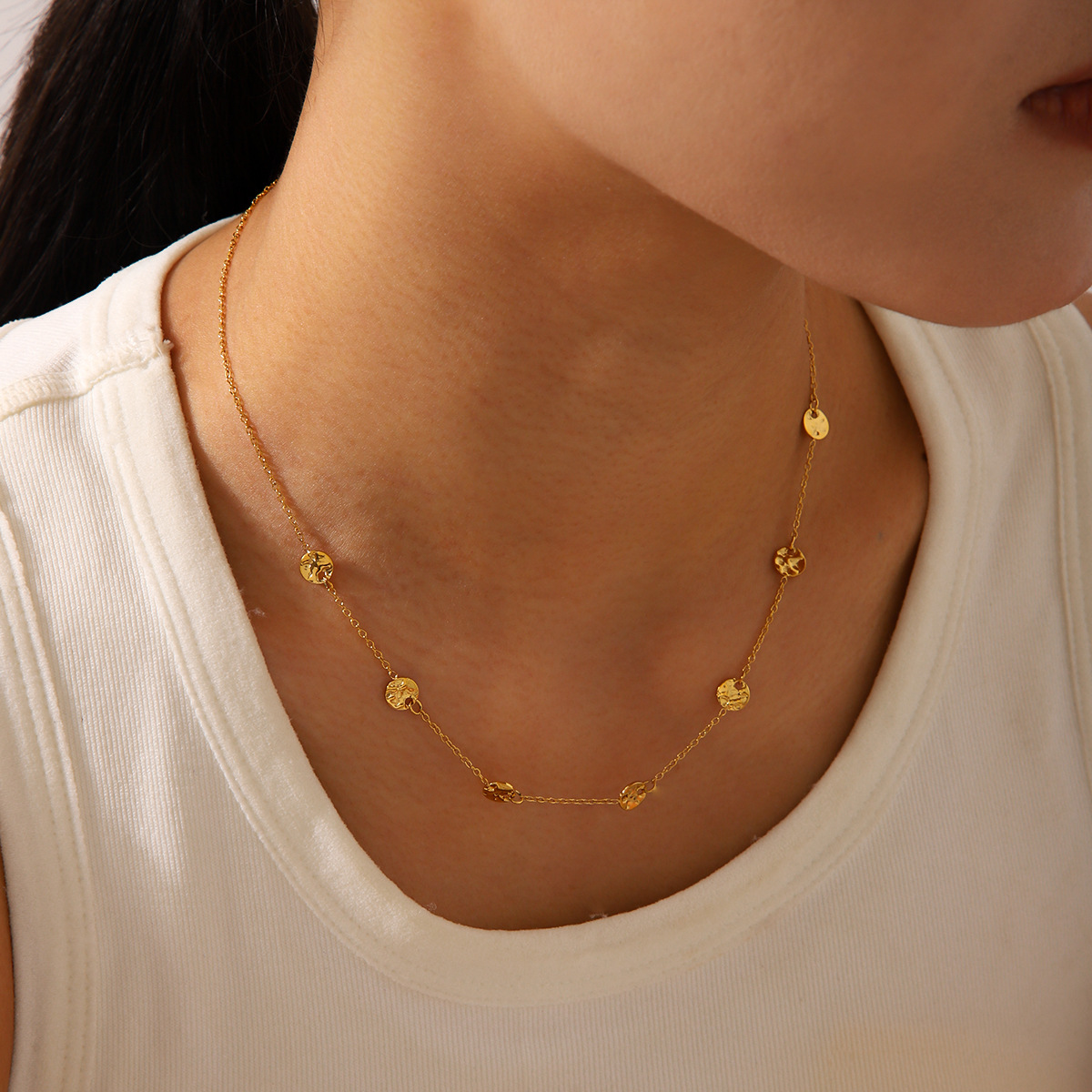 INS Europe and the United States cross-border 18K gold hammer grain round stainless steel necklace women's fashion simple all-match clavicle chain does not fade
