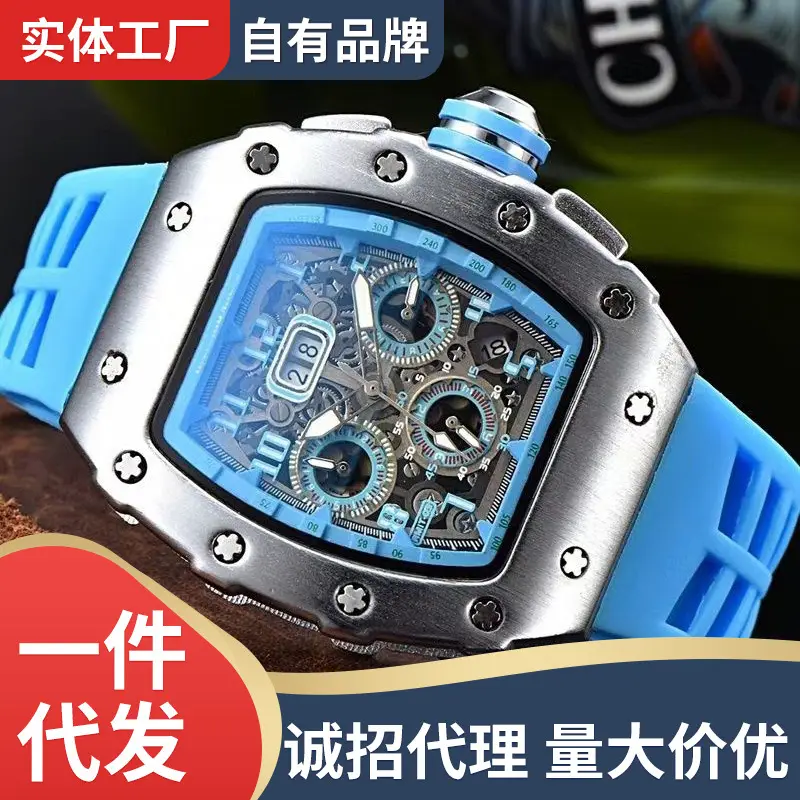 Manufacturers supply foreign trade explosive tonneau-shaped colorful multifunction six hands three eyes running seconds fashion men's watches