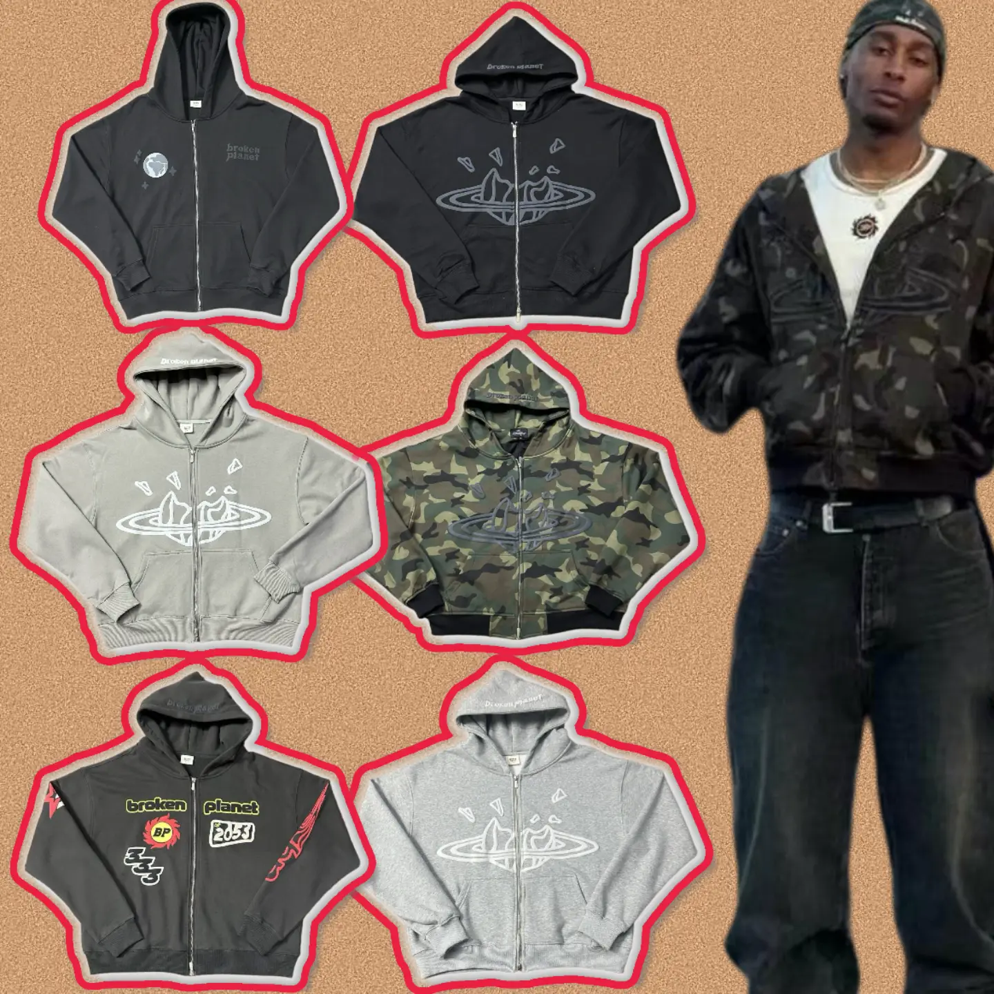 Correct Version of Broken Planet American Street Retro Foam Print Cardigan Hoodie Set Trendy