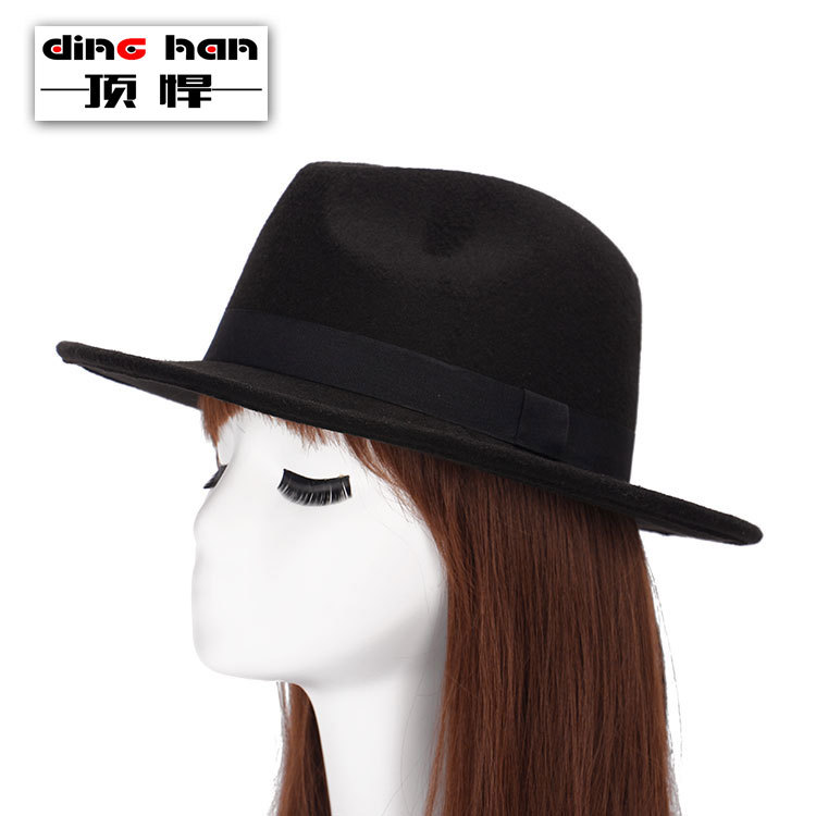 Dingwen Autumn and Winter Star's Same Style Jazz Hat Large Brim Wide Brim Hat Women's Imitation Wool Flat Top Felt Hat Wholesale
