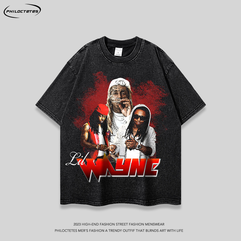 American retro heavy rap portrait short-sleeved T-shirt hiphop street fashion brand distressed long-sleeved bottoming T-shirt men and women