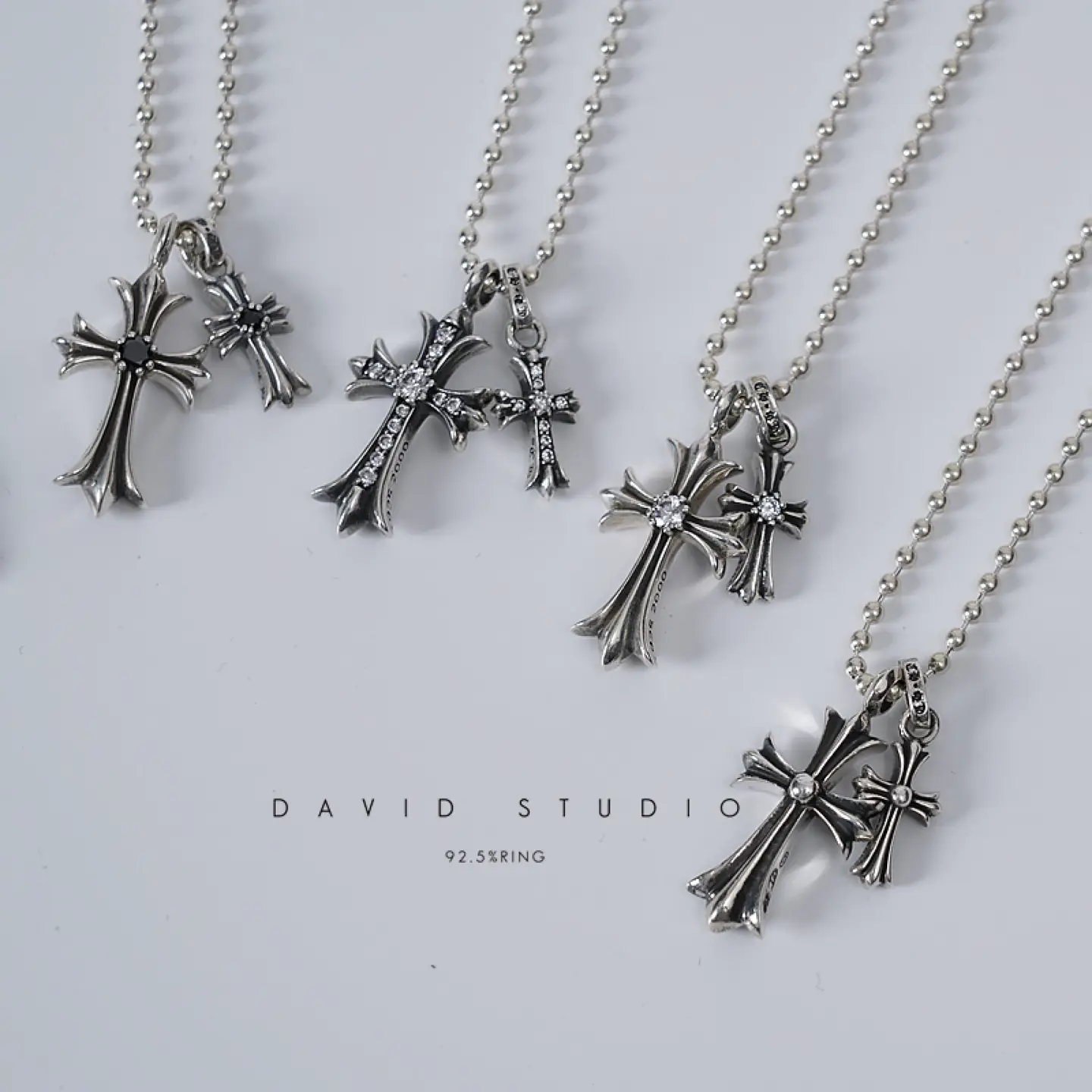 David Studio925 Sterling Silver Cross G-Dragon Round Bead Diamond Necklace Unisex Couple Necklace