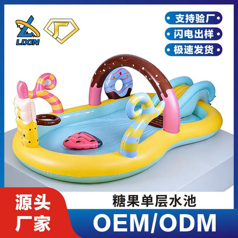 Customized New Candy-Themed Pvc Inflatable Swimming Pool with Inflatable Slide and Water Spray for Children's Playground