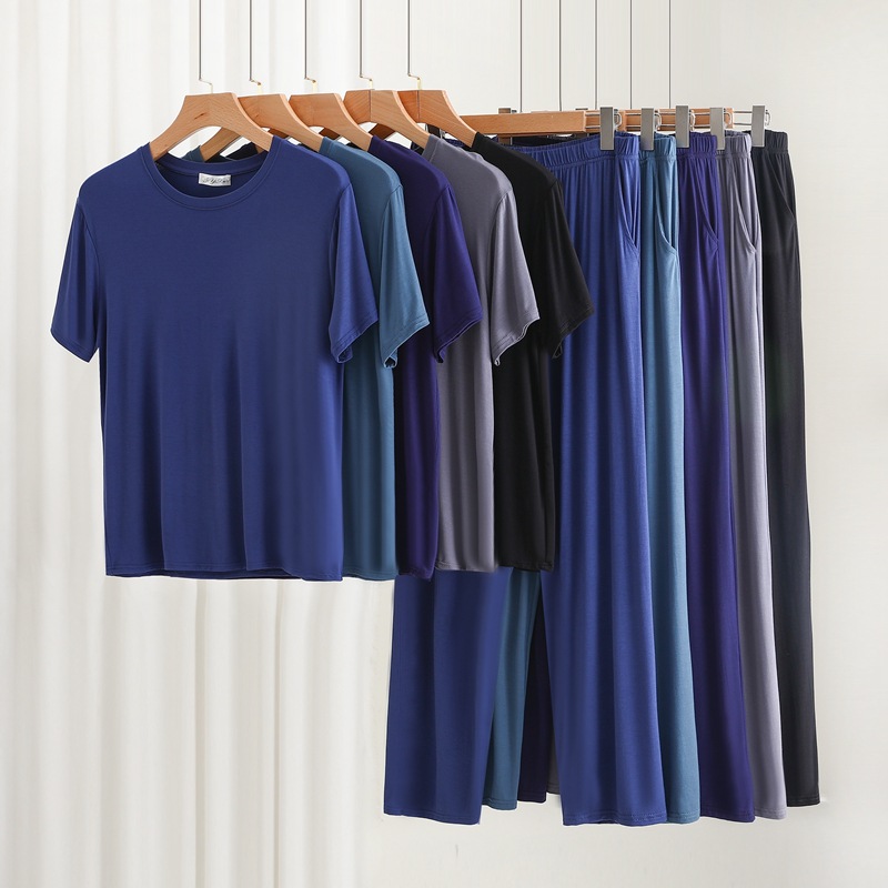 Modal Round Neck Short Sleeve Pocket Wide Leg Pants Set Men's Summer Thin Loose Pajamas Home Clothes Two-piece Set