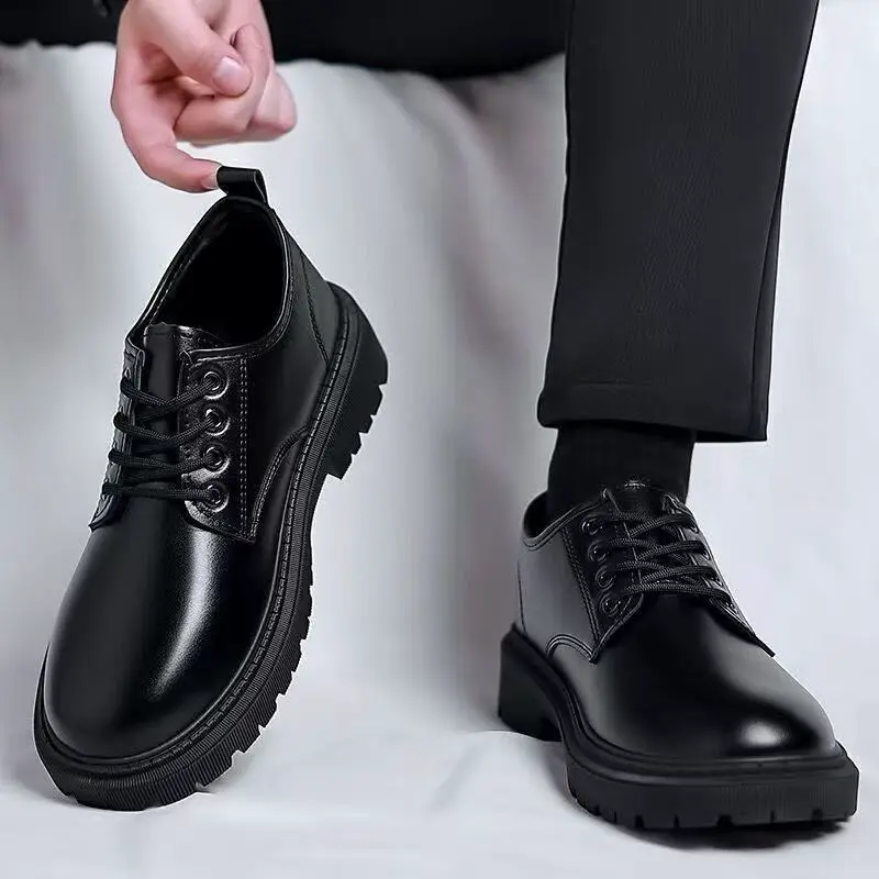 Business Small Leather Shoes Men's Casual Shoes British Style Workwear Shoes Thick Sole Trendy All-match Lace-up Student Shoes Work Shoes