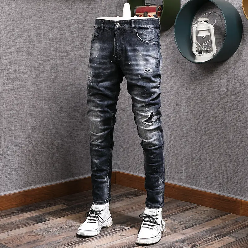 European station fashion tide brand new broken holes patches splash ink paint points youth heavyweight small feet micro-stretch denim high-end pants