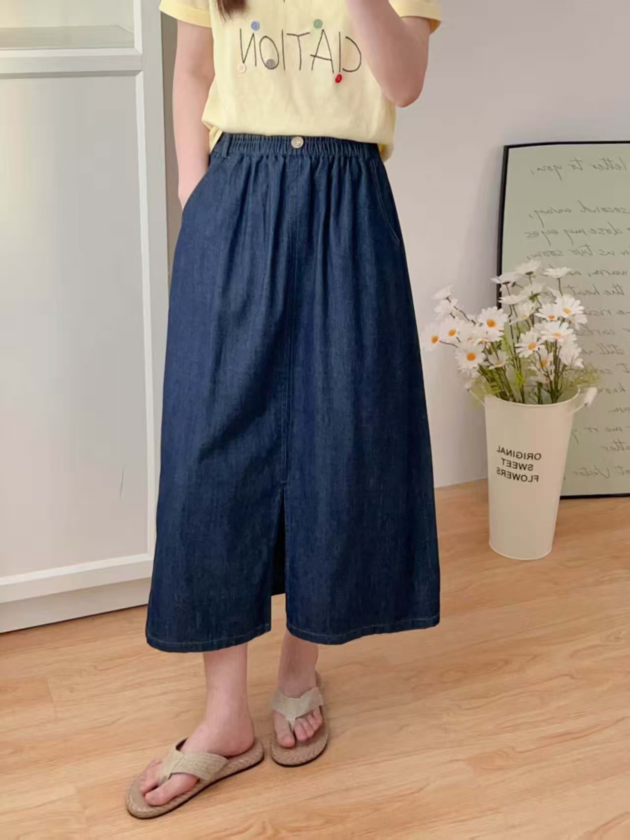 2025 Summer Denim Skirt Mid-Length Skirt Loose Casual Korean Style College Style New Thin Skirt Fashion