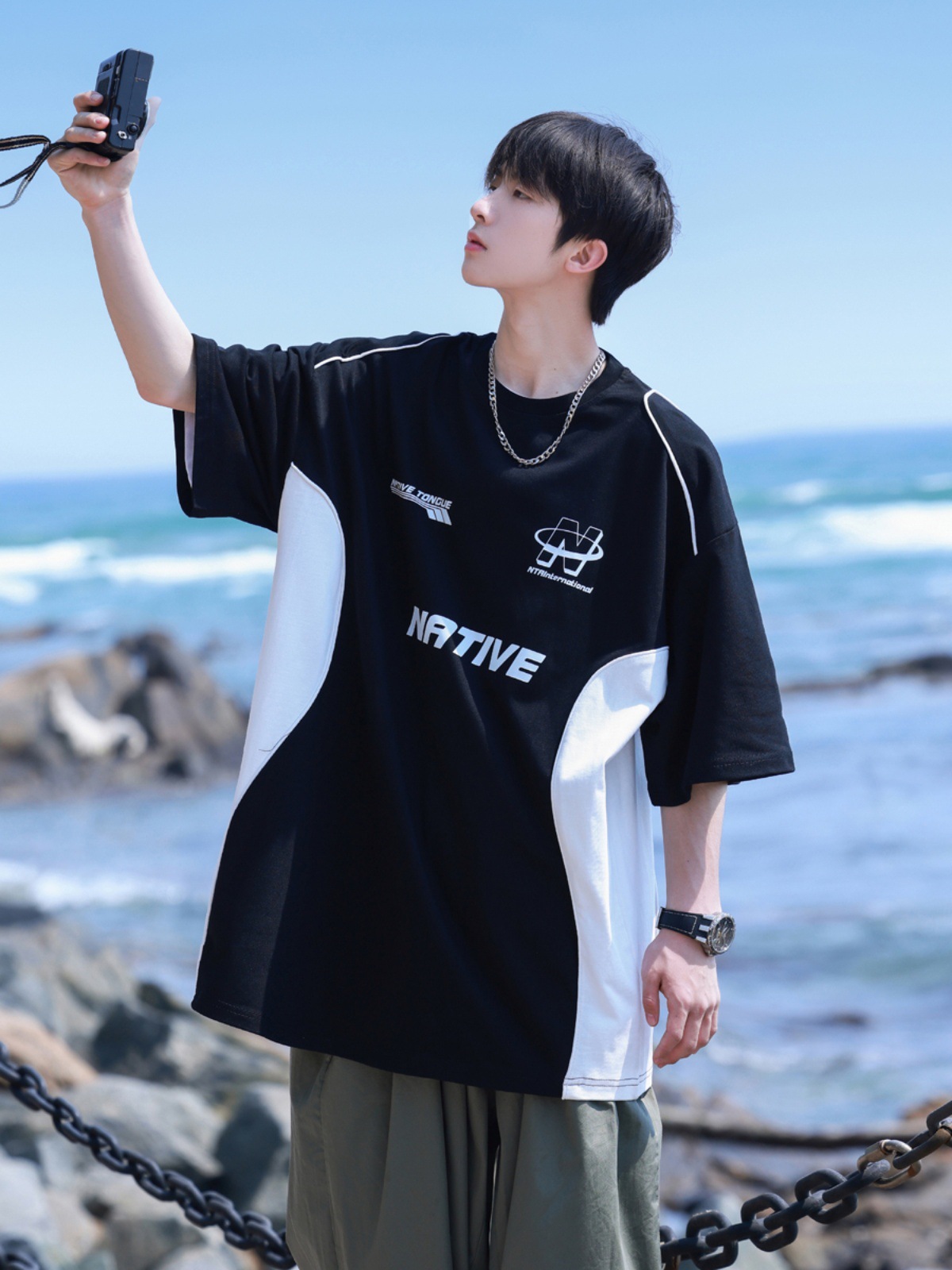 American retro motorcycle T-shirt fashion brand European and American high street racing style stitching short sleeve couple's heavy clothes men's 5-point sleeve