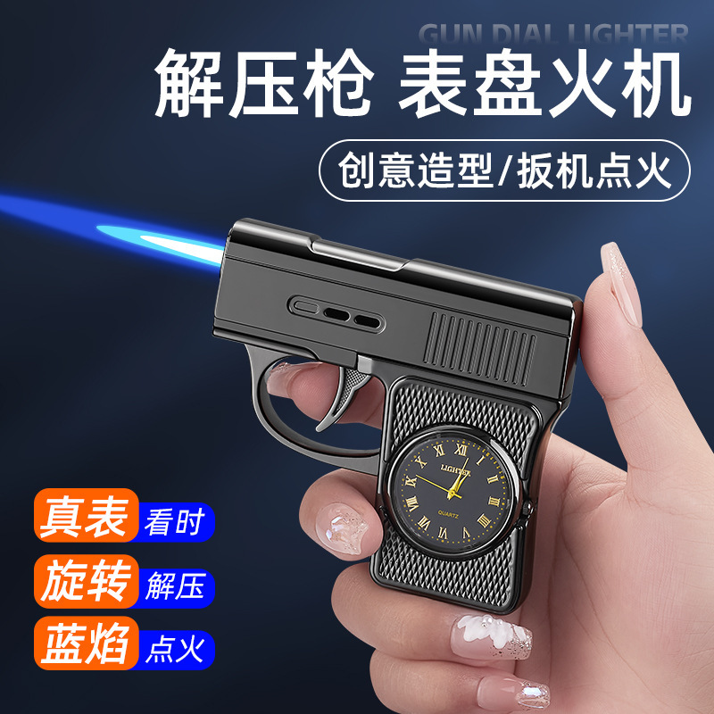 Gun Type Windproof Straight-Through Creative Lighter with Watch Inflatable Metal Wenzhou Lighter Cross-Border Factory Direct Sales