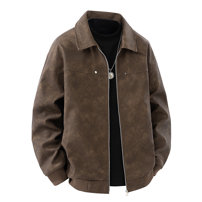 Cross-Border American Retro Brown Lapel Leather Jacket Men's High-End Suede Couple Bomber Jacket Trendy