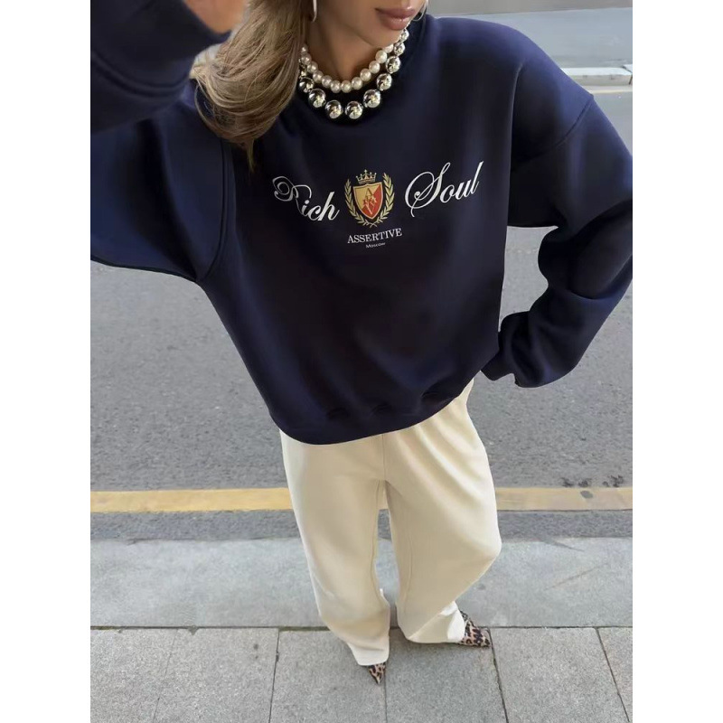 2024 European and American Style Autumn and Winter New Casual Joker Loose fleece-lined Thickened Fashion Printed Pullover Round Neck Sweat for Women