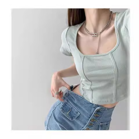 Sexy Pure Desire Style Vintage Three-dimensional Fishbone Line High Waist Short Top Square Collar Clavicle-exposed Short-sleeved T-shirt