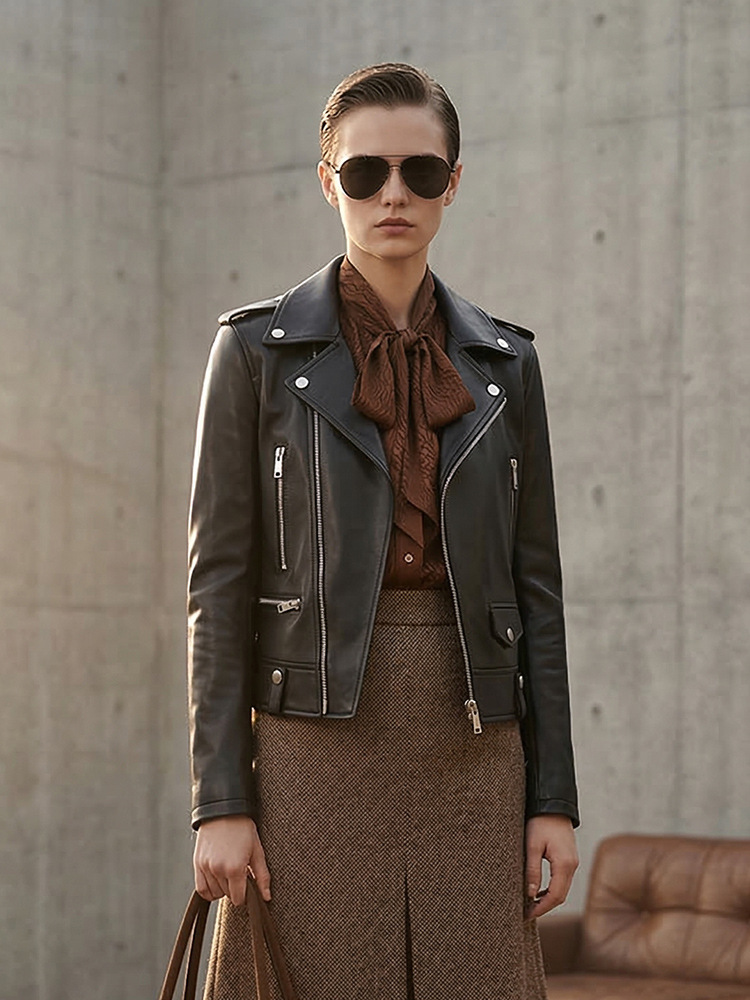 Spring and Autumn New Style Genuine Leather Motorcycle Jacket for Women, Short Jacket Made of Top-Layer Sheepskin, High-End Slim Fit with a Turn-Down Collar