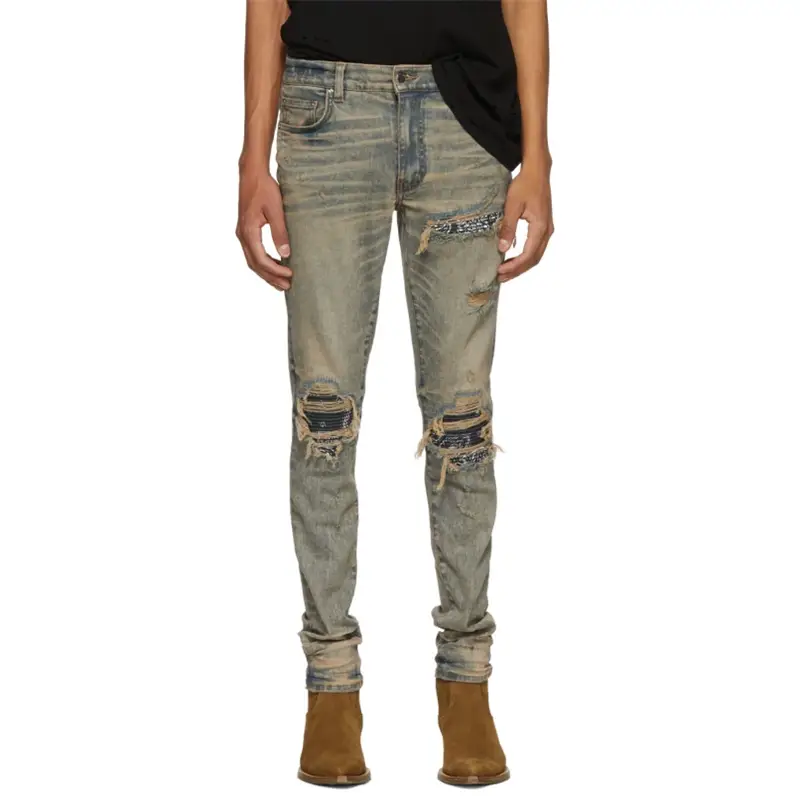 Independent Style 24ss Yellow Mud Dirty Distressed Paisley Hole Brush Wax Denim Men and Women Fall and Winter High Quality