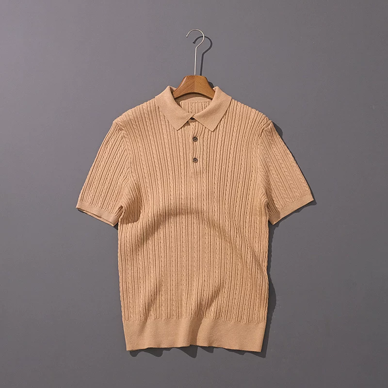 2026 Summer American-Style Twist Knit Unisex Lapel Short-Sleeve T-Shirt Cotton Knitwear with Embroidery