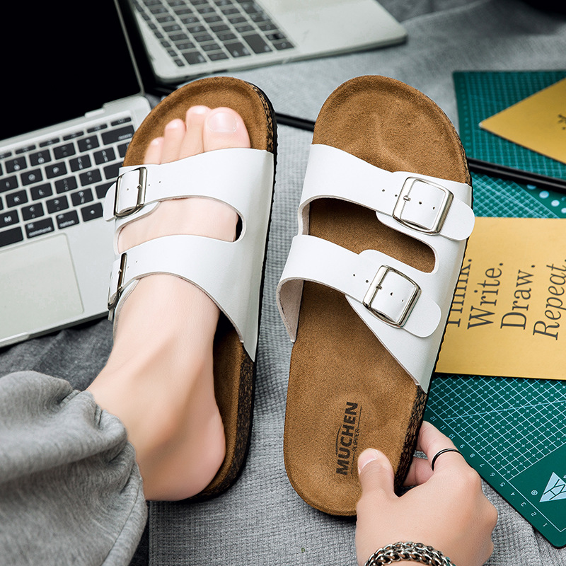 Birkenstock Cork Slippers for Men and Women, Flat Non-Slip Beach Sandals, Summer Leather Retro Lazy Slip-Ons, Popular Foreign Trade Item
