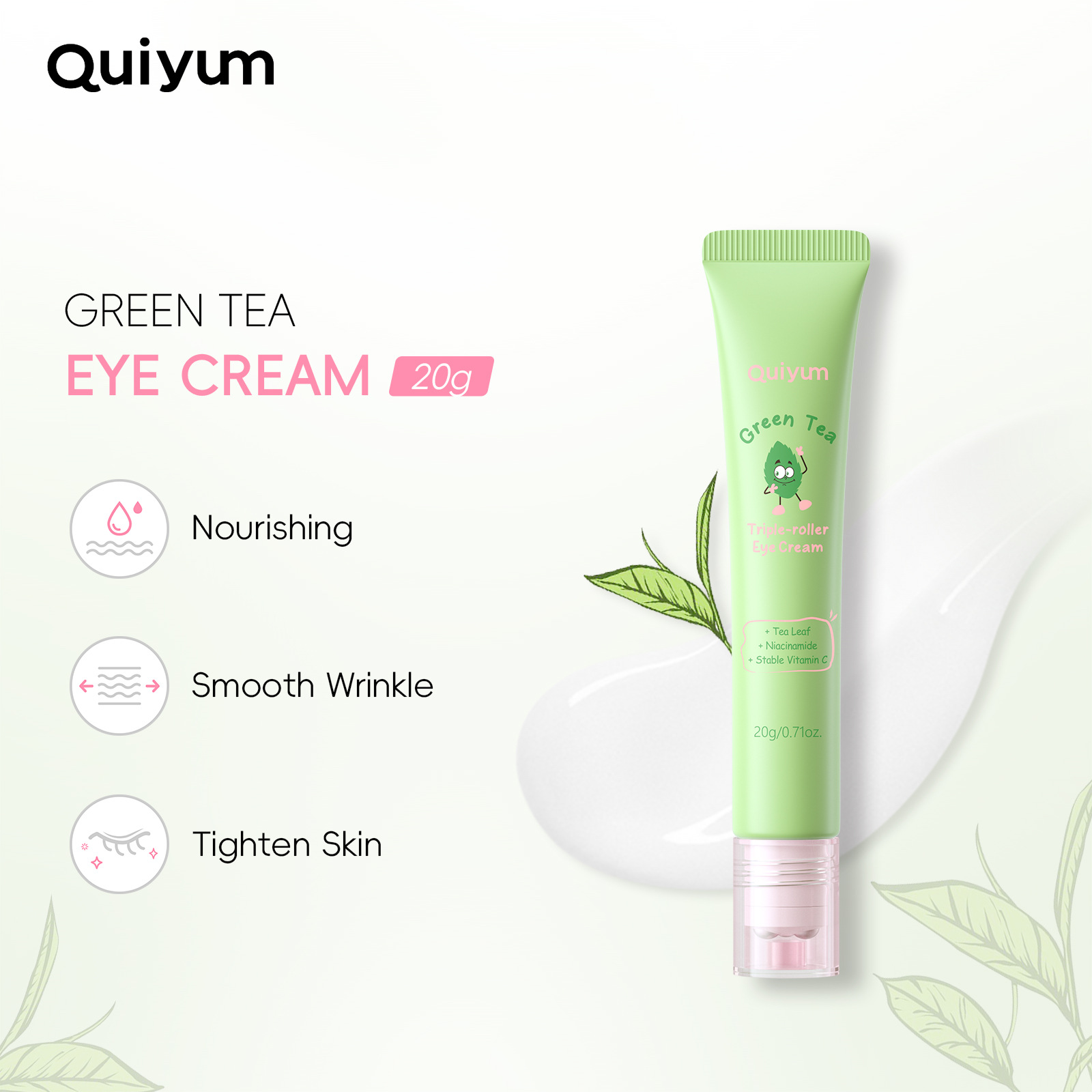 Cross-Border Quiyum Green Tea Triple Roll-On Eye Cream 20g Hydrating and Moisturizing Full English Label Export Eye Cream Indonesian Version