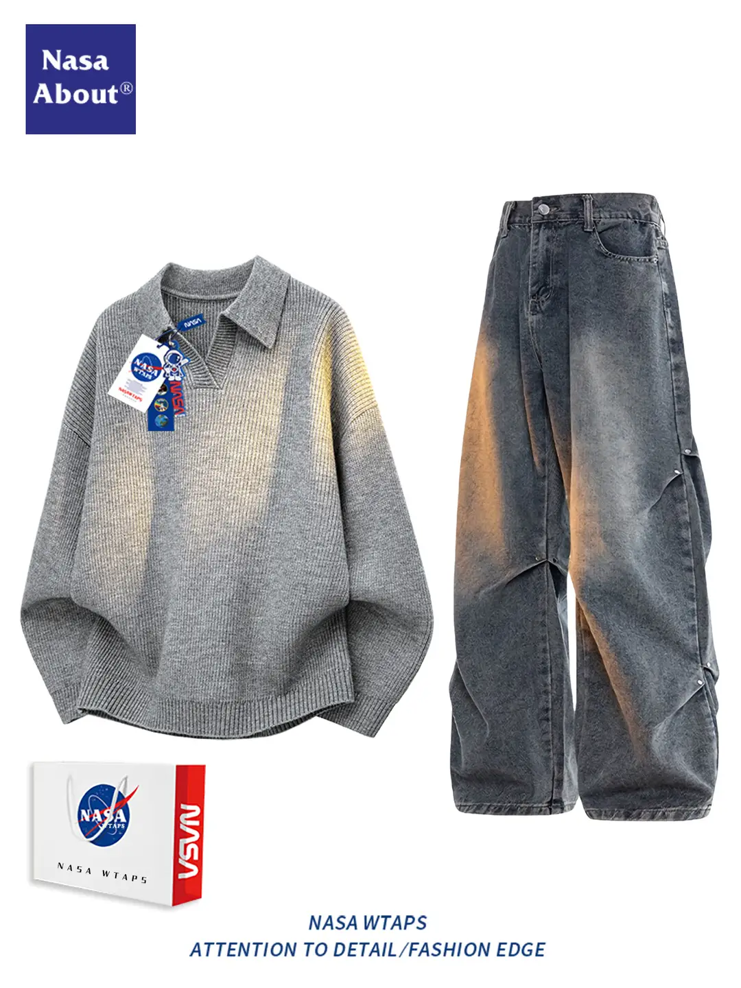 Nasa about American Trendy Brand Casual Sports Suit Men's Autum New Loose Knitwear Retro Trendy Knitwear