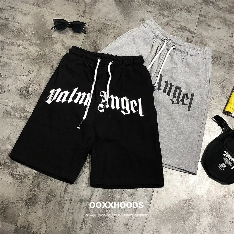 Hurry up and Get in the Car! Classic Black and Gray Crotch Letter Print Pure Cotton Terry Elastic Waistband Personalized European and American Style Five-Point Shorts