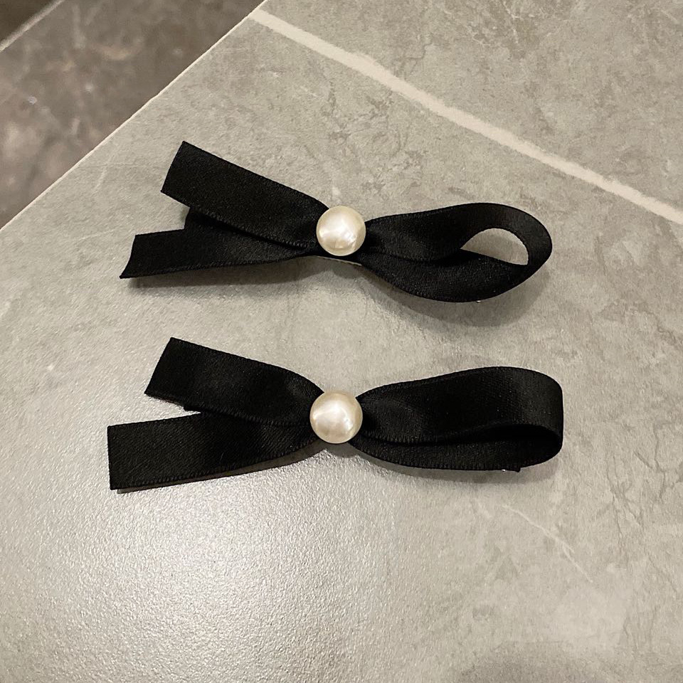 High Quality Korean Dongdaemun Bow Pearl Hairpin Elegant One Word Clip Side Bangs Clip Elegant Black