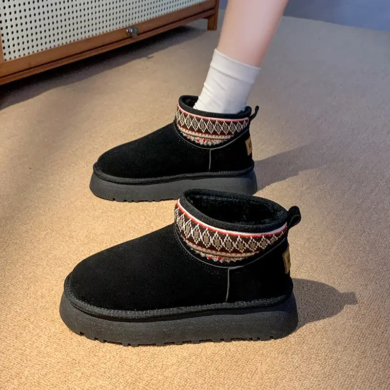 Ethnic Thick-soled Thick Fashion Snow Boots Women's Autumn and Winter New British Style fleece-lined Warm Short Boots Casual Women's Shoes
