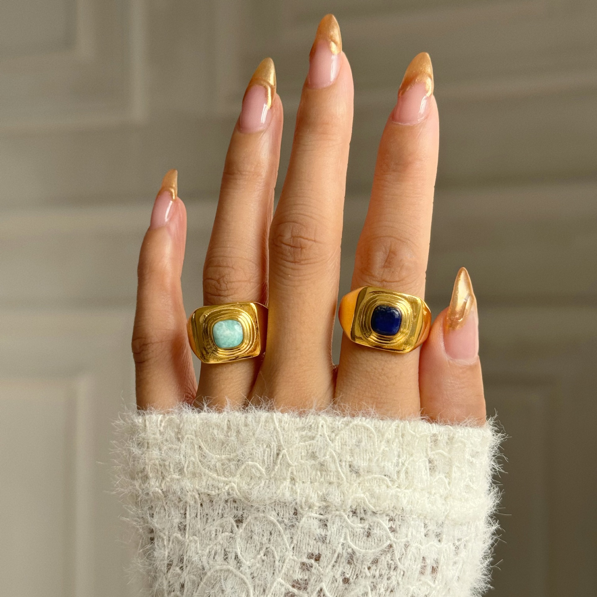 Dazan Wholesale Factory Direct European and American Cross-Border Ins 18K Real Gold Electroplated Titanium Steel Vintage Lapis Lazuli Color Ring
