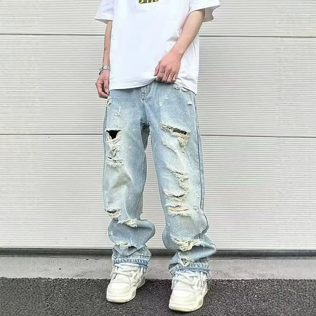 American Vibe Style Pants High Street Fashion Brand Design Washed Ripped Jeans Men's Retro Street Wide Leg Pants