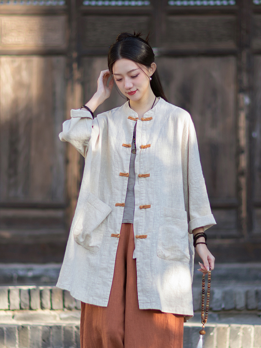 Chinese-Style Women's Top 26 Spring New Retro Stand Collar Color-Blocking Buttoned Linen Trench Coat Cardigan National Style Cotton-Linen Jacket