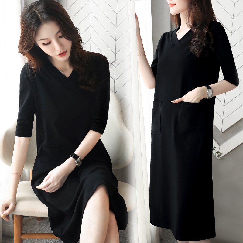 V-Neck Dress Women's Spring and Autumn Bottoming Mid-Length Dress Half-Sleeve Elegant Loose Mid-Sleeve Long Dress