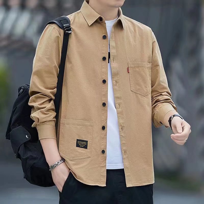 Oxford Spinning Shirt Men's Long-sleeved Workwear Men's Shirt Japanese Style Shirt Casual Loose Top Spring and Autumn Solid Color Jacket