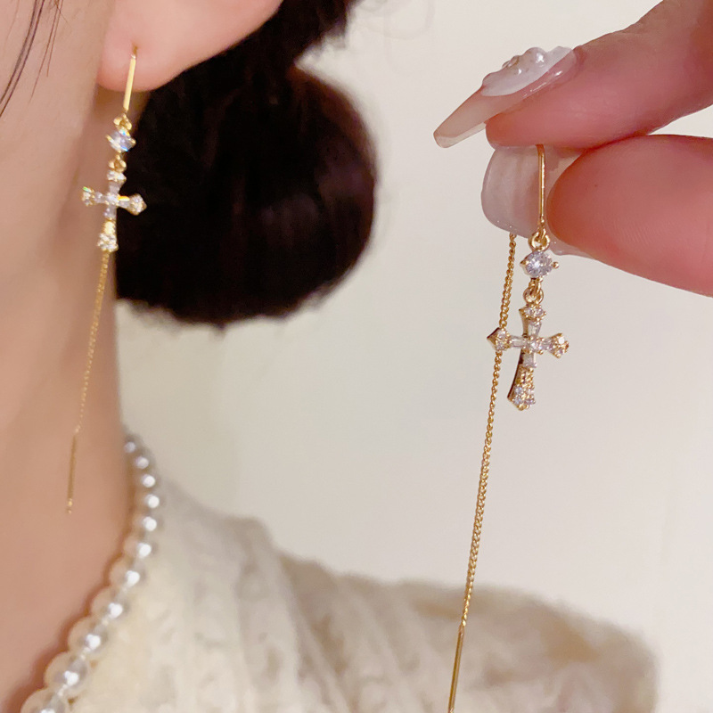 Korean Style Fashionable and Simple Zircon Cross Long Tassel Earrings Personalized Accessible Luxury Versatile Slimming Look Earrings for Women