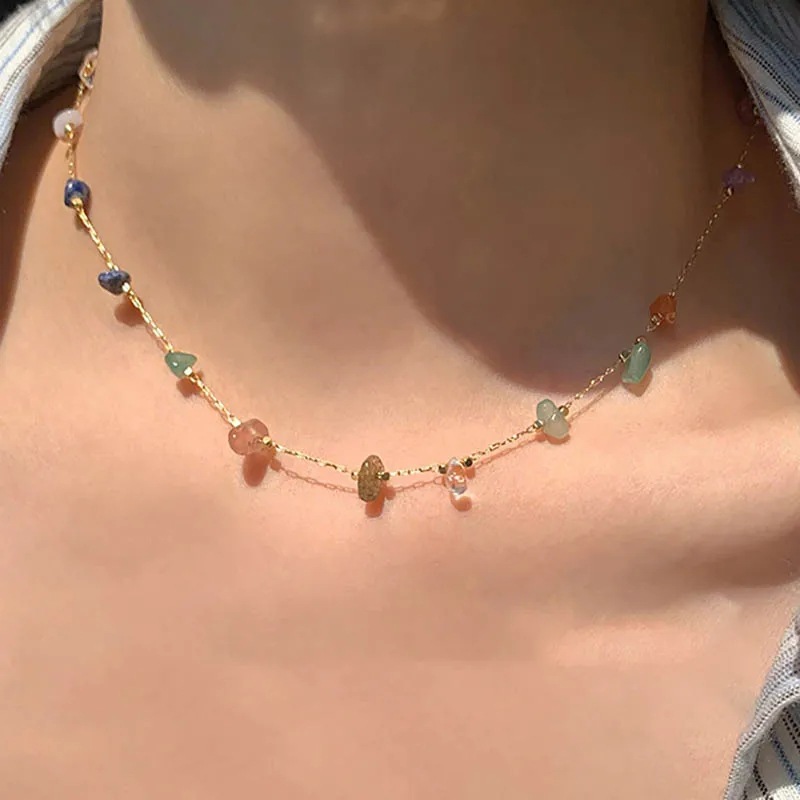 Cross-border summer new colorful irregular raw stone necklace women's fresh sweet simple elegant high-grade accessories