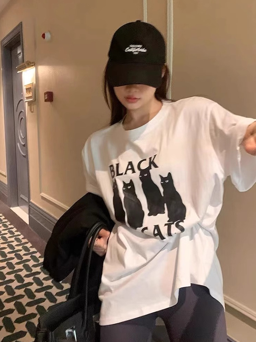 Pure Cotton Mid-Length Black and White Cat Print T-Shirt Women's Short-Sleeved Summer New Loose Large Size Taiwan Cross-Border Top
