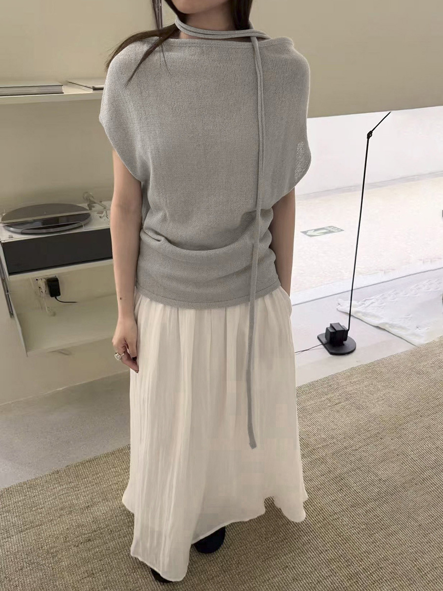Love and Nancy Thirteen Lines 2026 Summer Korean Style Pure Desire Style Diagonal Tie Waist Short Sleeve Knitted Sweater for Women 04246