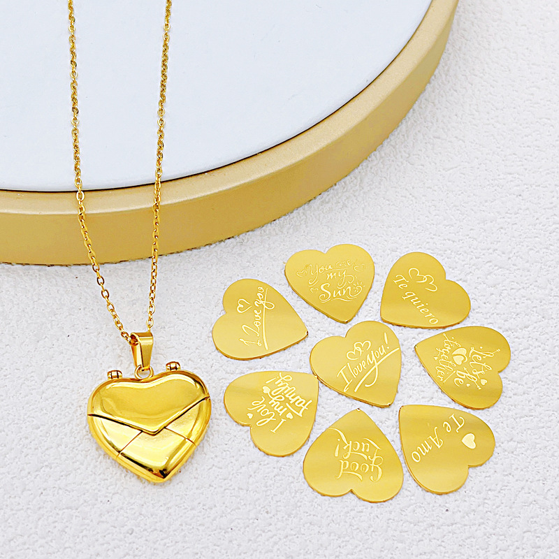 Fashion cross-border titanium steel magnet stone opening and closing love envelope necklace pendant multi-language lettering letter paper clavicle chain