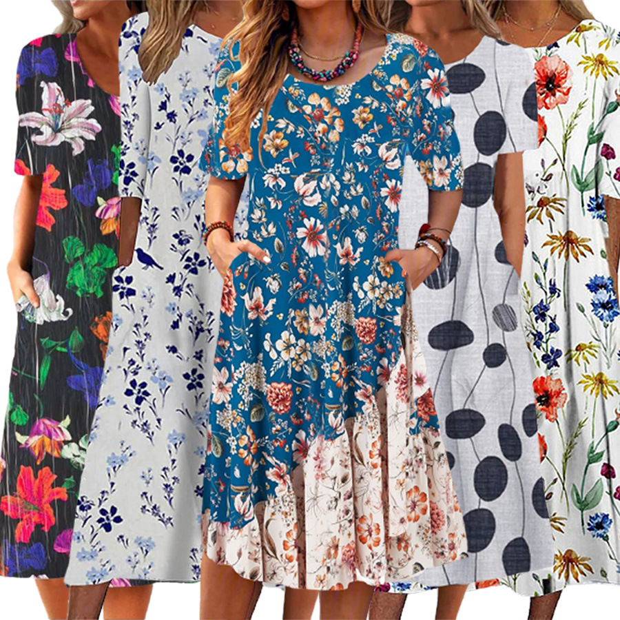 2026 Cross-Border Hot-Selling Amazon Summer Casual Women's Dress with Round Neck, Floral Print, Elegant Style, and Pockets