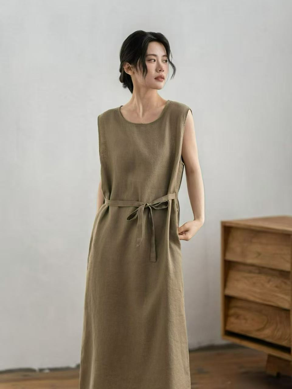 26 Summer Dress, Round Neck Sleeveless Vest Dress, Pure Linen, Loose Casual Mid-Length Dress, New Style, Skin-Friendly
