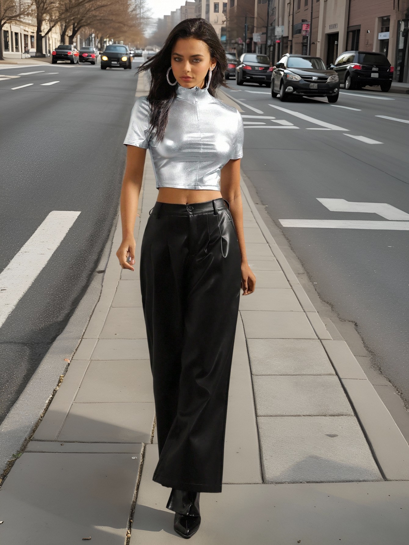 Silver Glossy Short-Sleeved T-Shirt for Women, New Summer Style, Half-High Collar, Slim Fit, Cropped Top Dc-163