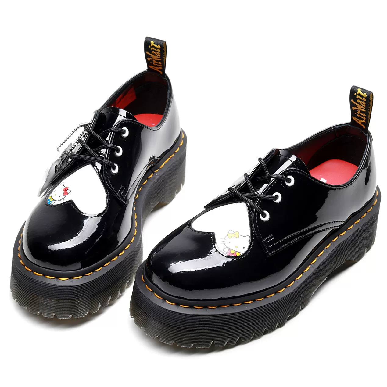 Dr. Martens Thick-Soled 3-Hole Colorful Women's Shoes, Hello Kitty Collaboration, Heart-Shaped Patchwork Platform Leather Shoes
