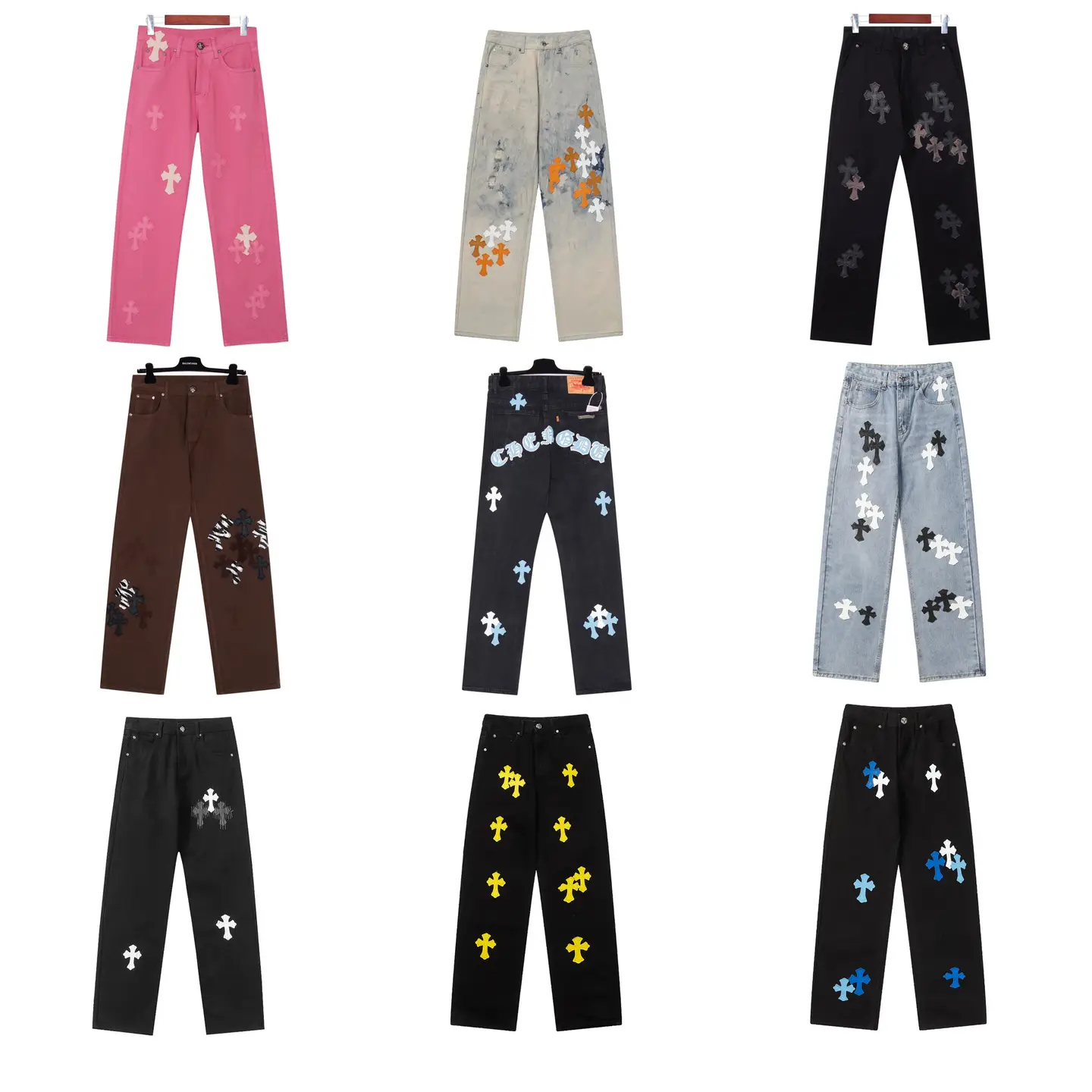 Correct Version Ch Crow Cross Leather Label Washed Jeans Couple Street Loose Denim Pants Wholesale