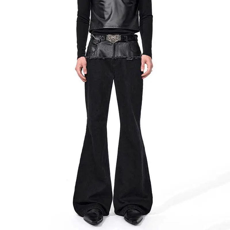 European and American Cross-Border High Street Fashion Floor-Length Trendy Jeans Patchwork Solid Color Raw Edge Wide-Leg Stretch Slimming Flared Pants