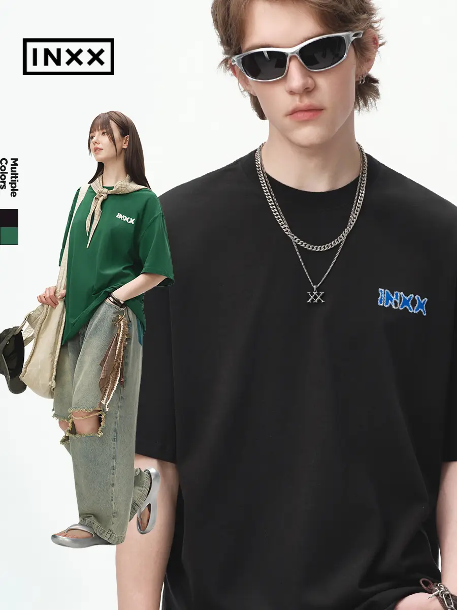 【Inxx】 Basics pure color Logo Short-Sleeved Men and Women letter Patch Embroidery Trendy Round Neck T-Shirt Couple