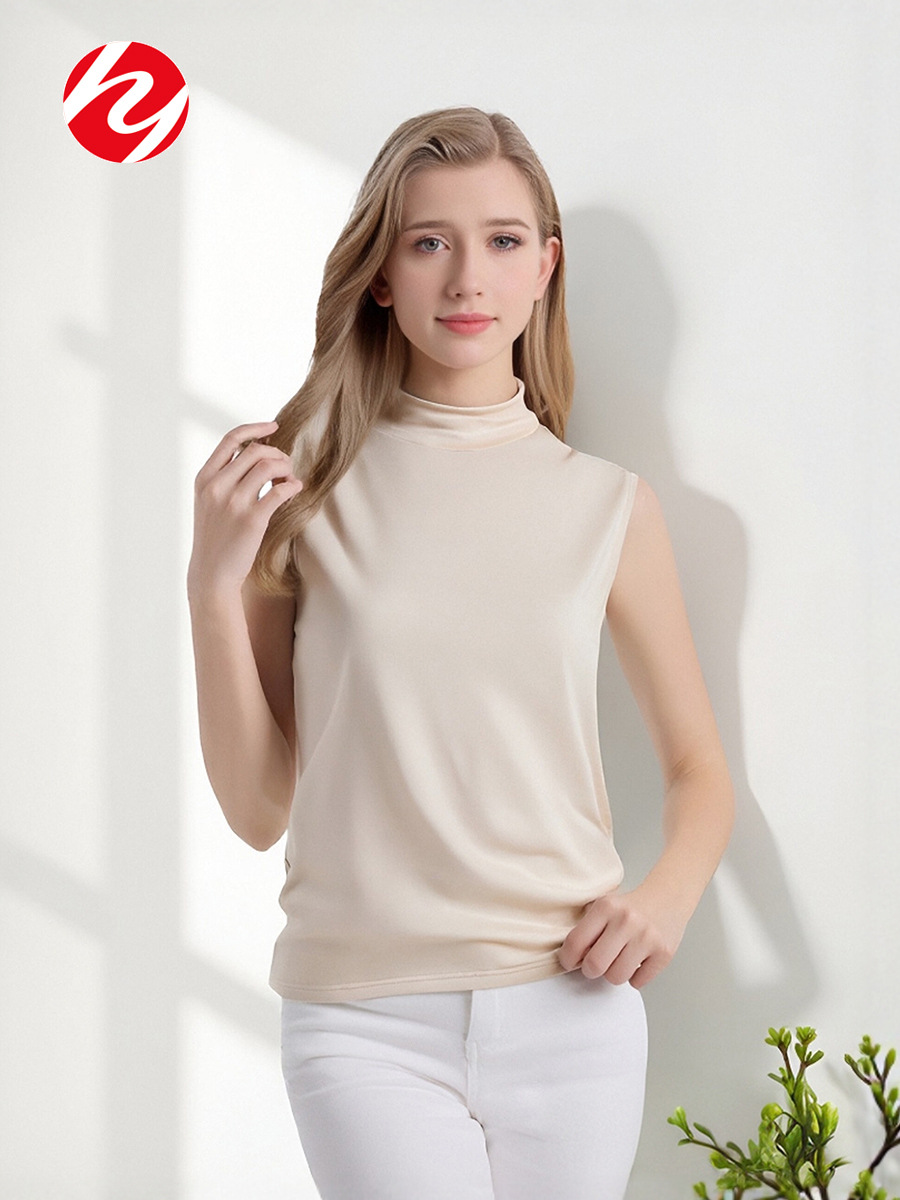 Silk Half-High Collar Sleeveless Vest for Women, Pure Silk Knit Solid Color Top, Base Layer T-Shirt, Silk Vest