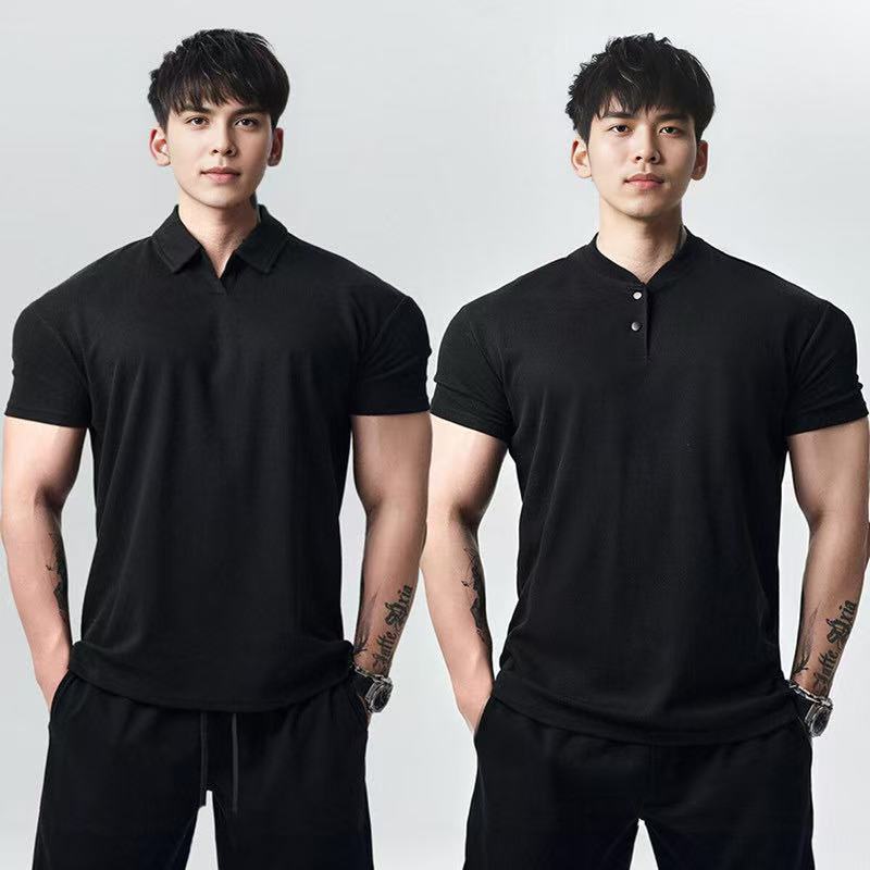 American-Style Cuffed Sleeves to Show Muscles, Fitness Sports T-Shirt, Polo Collar, Short-Sleeved Men's Quick-Drying Breathable Running Training Clothes for Summer