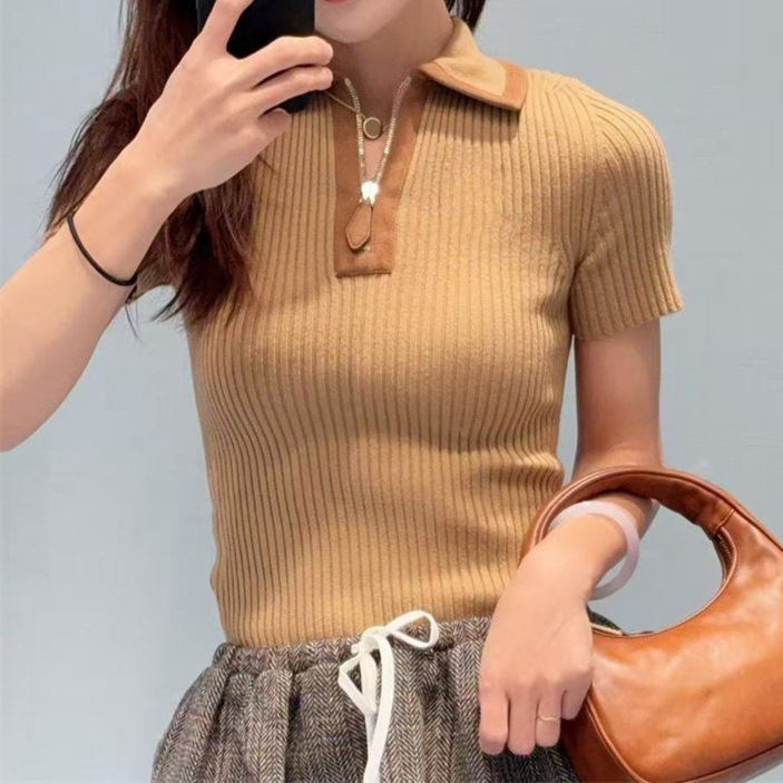Spring and Summer New Style Polo Ribbed Knit Sweater Women's Autumn and Winter Slim Short-Sleeved T-Shirt Top