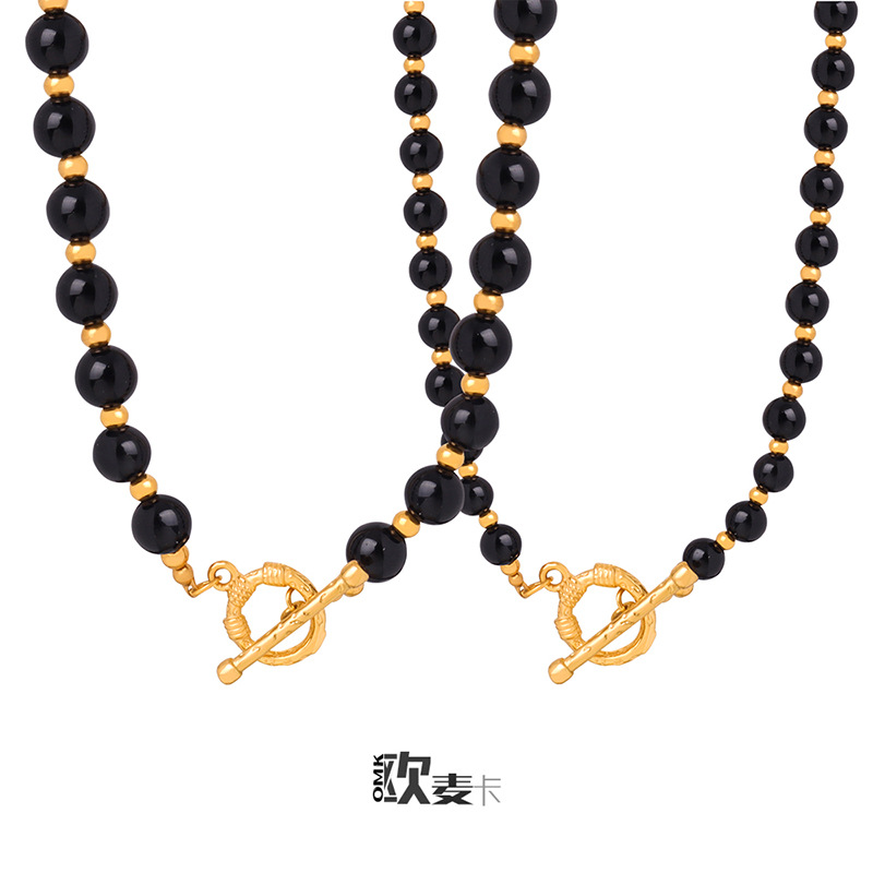 Black agate beaded steel ball otbuckle pendant necklace titanium steel Queen mother Fairy personality temperament hip hop jewelry for women